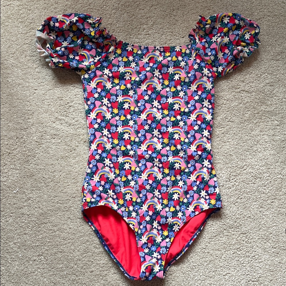 Mini Boden Girls One-Piece Swimsuit in Navy with Rainbow Floral Print